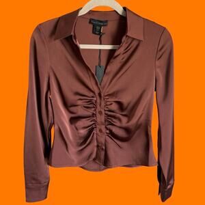 House Of Harlow 1960 Brown Satin Long Sleeve Blouse Top XS NWT